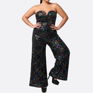 Fashion Nova Sequin Wide Leg Jumpsuit Multi Strapless Sweetheart Large 0X Party